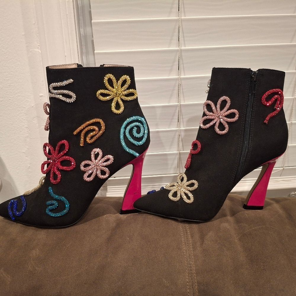 Betsey Johnson Black Ankle Boots with Multicolor Embellishments - Picture 8 of 14
